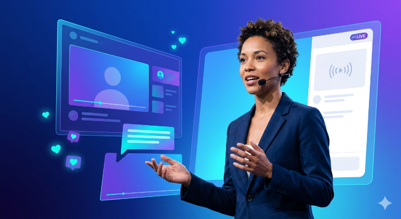 Prezenter prowadzący webinar sprzedażowy przed monitore