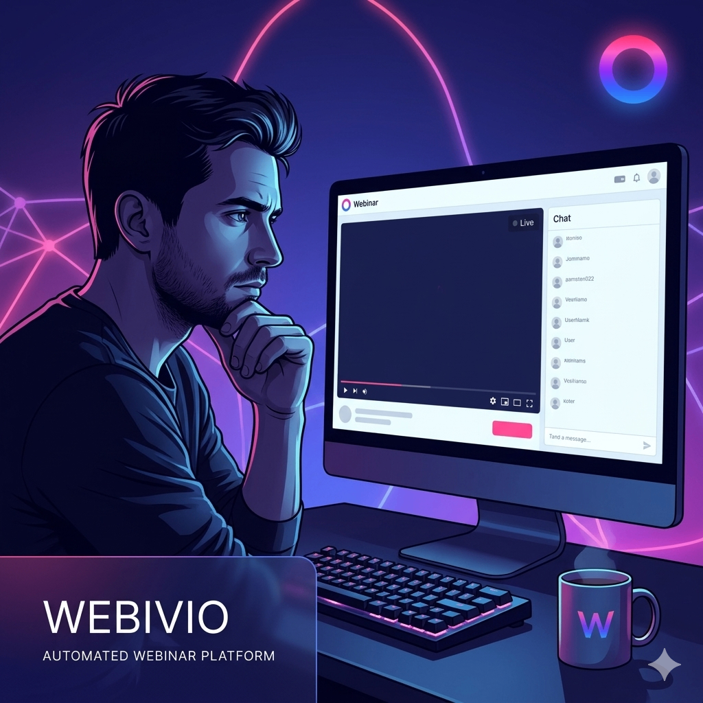 Zamyślony twórca analizujący brak zaangażowania i pusty czat na monitorze w ciemnym studiu Webivio