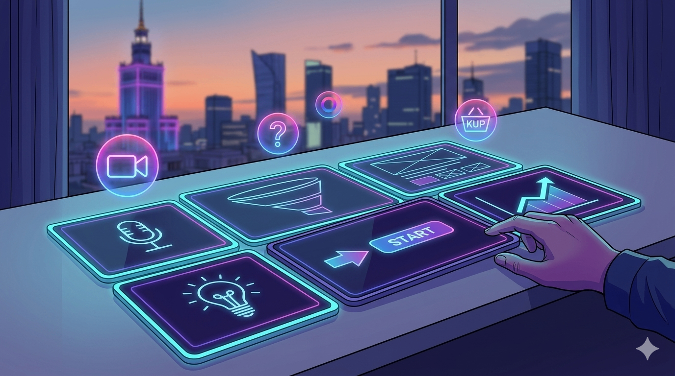 Ilustracja w stylu neonowym przedstawia dłoń osoby na pierwszym planie, która dotyka interaktywnego, świecącego fioletowym i niebieskim światłem panelu z napisem „START”. Na biurku obok panelu ułożone są inne holograficzne, neonowe kafelki z ikonami symbolizującymi etapy tworzenia treści: żarówkę (pomysł), mikrofon, kamerę wideo, lejek sprzedażowy i wykres wzrostu. Nad kafelkami unoszą się świecące kulki z ikonami znaku zapytania i koszyka zakupowego z napisem „KUP”. W tle, przez duże okno biurowe, widać panoramę Warszawy o zmierzchu, z charakterystycznym, podświetlonym na fioletowo Pałacem Kultury i Nauki.
