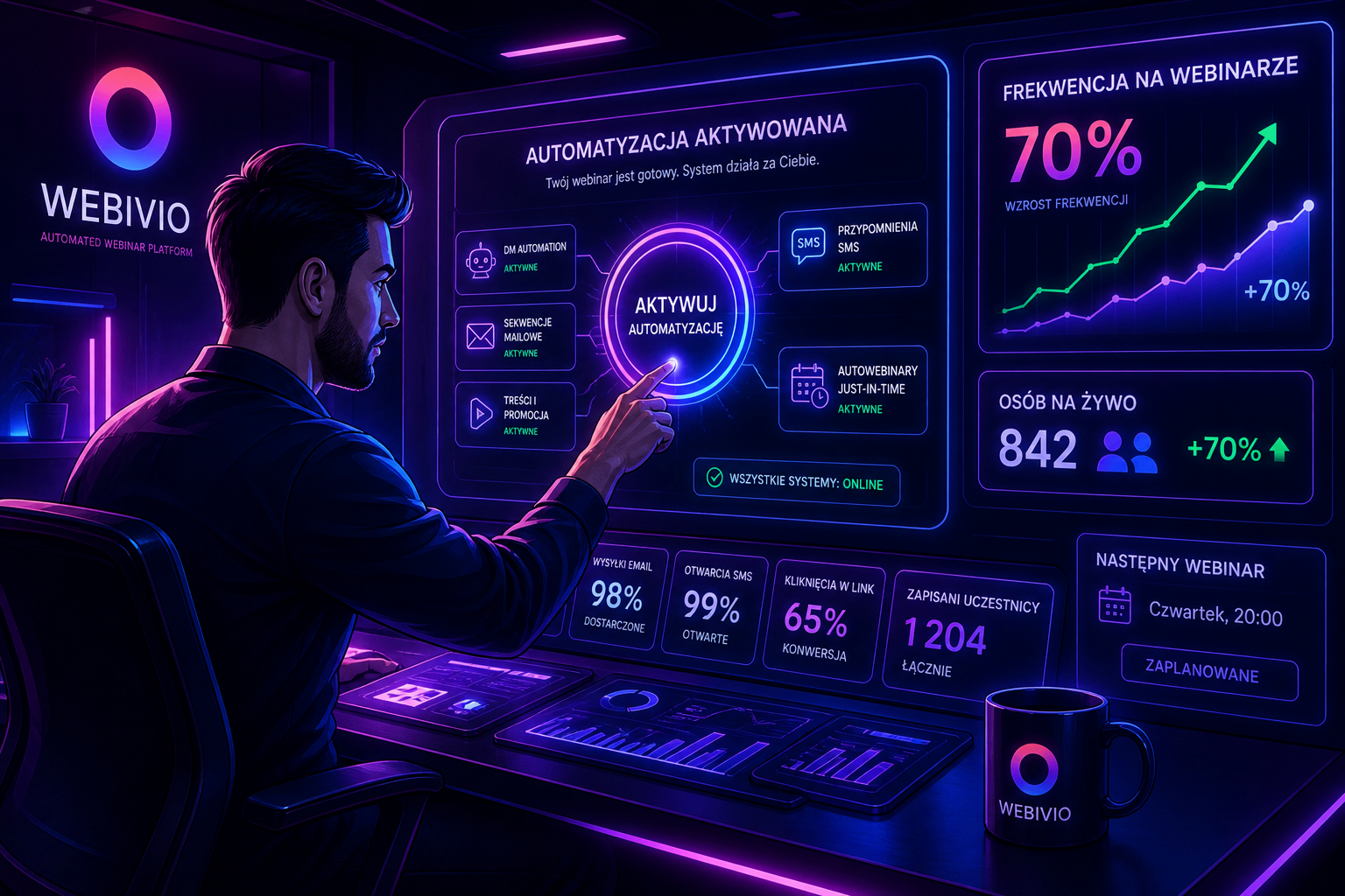 Mężczyzna aktywujący automatyzację w futurystycznym pokoju kontrolnym Webivio, z subtelnym, neonowym brandingiem na ekranach i kubku, co powoduje wzrost frekwencji na webinarze do 70%.