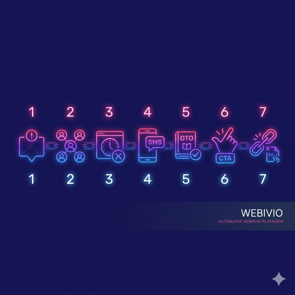 Neonowa infografika przedstawiająca checklistę 7 złotych zasad webinaru sprzedażowego Webivio