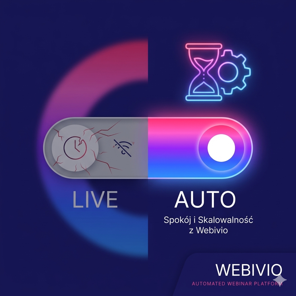 Nowoczesny przełącznik Live vs Auto z podświetloną opcją autowebinaru i logo Webivio
