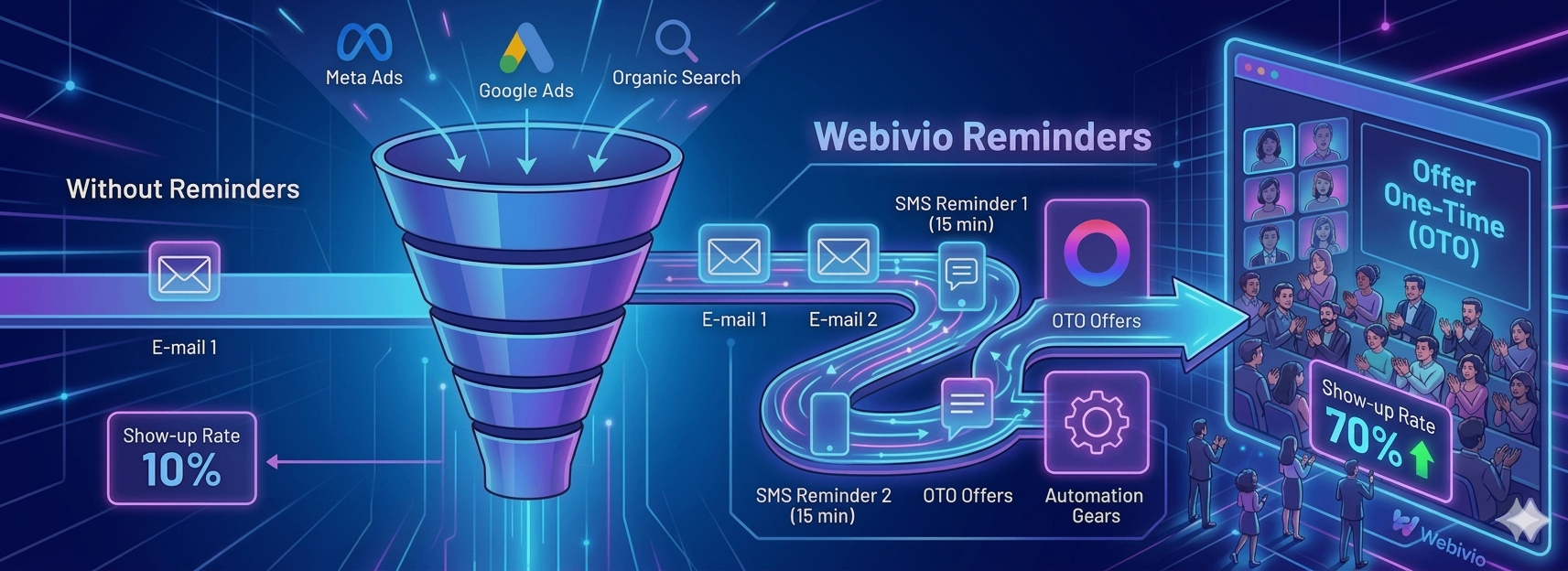 Porównanie nieskutecznego lejka webinarowego (10% Show-up Rate) ze zautomatyzowanym systemem przypomnień SMS i e-mail w Webivio, zintegrowanym z ofertą OTO i generującym realistyczny wzrost frekwencji do 70%.