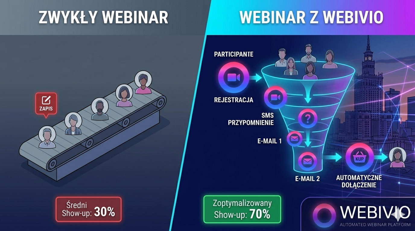 Grafika porównawcza podzielona na dwie części: lewa strona pod tytułem „ZWYKŁY WEBINAR” pokazuje uczestników na taśmociągu, którzy po rejestracji (ikona zapisu) powoli odpadają, co skutkuje niską frekwencją na poziomie 30%. Prawa strona pod tytułem „WEBINAR Z WEBIVIO” przedstawia zaawansowany lejek sprzedażowy w neonowych kolorach marki (magentowy i niebieski). Proces obejmuje rejestrację, przypomnienia SMS, serię e-maili i automatyczne dołączenie do wydarzenia. Dzięki tym etapom show-up rate rośnie do 70%. W tle prawej części widać nocną panoramę Warszawy z Pałacem Kultury i Nauki oraz logo Webivio w dolnym rogu.