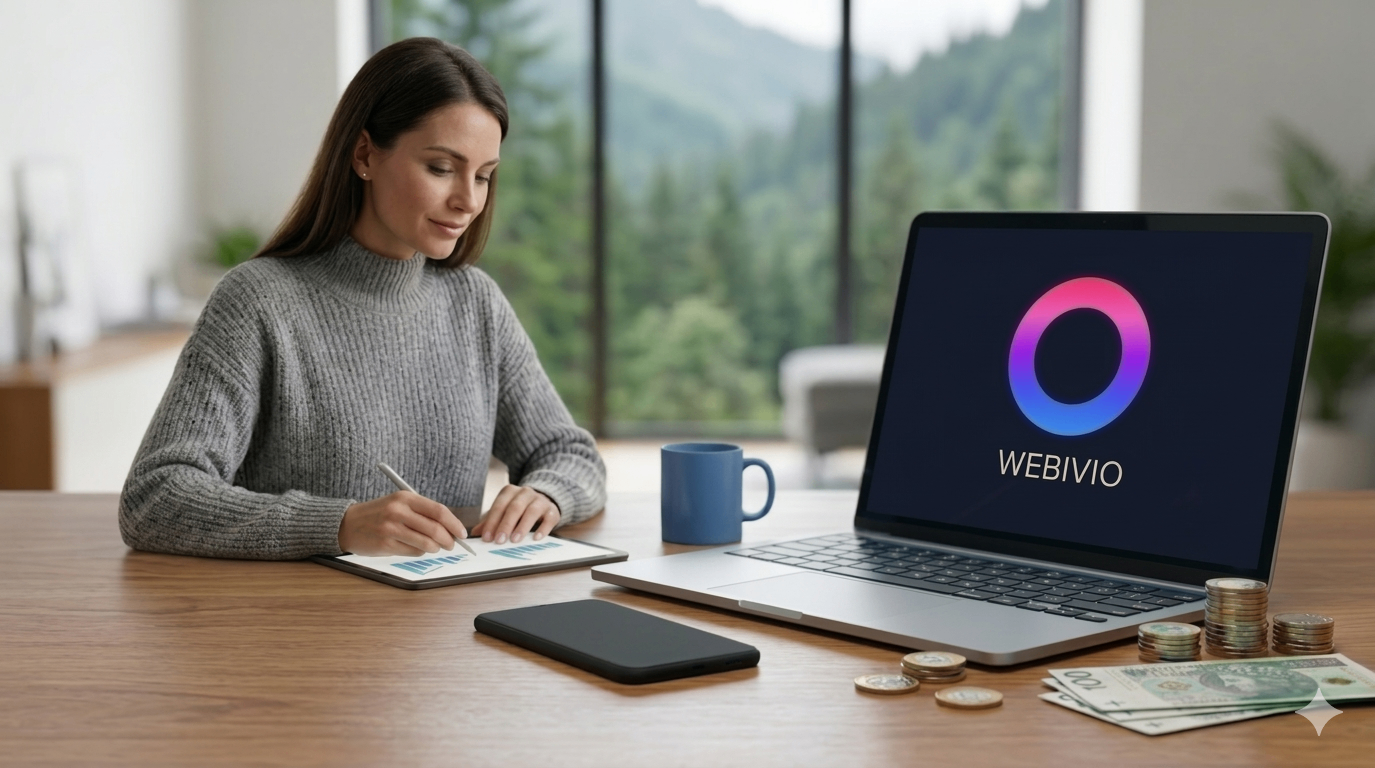 Laptop z logo Webivio i ikoną szybkiej sprzedaży OTO na ekranie.